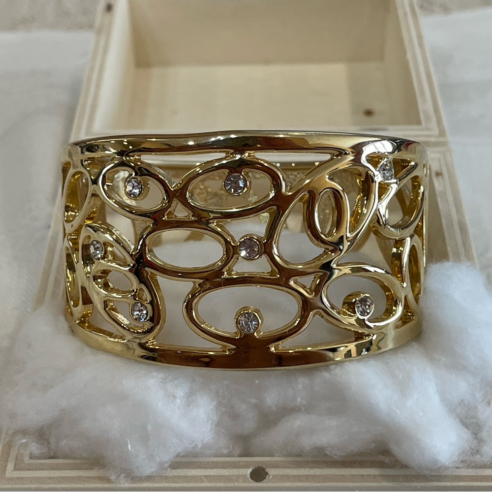 Gold Tone Wide Cutout Cuff Bracelet with Rhinestones - Statement Jewelry